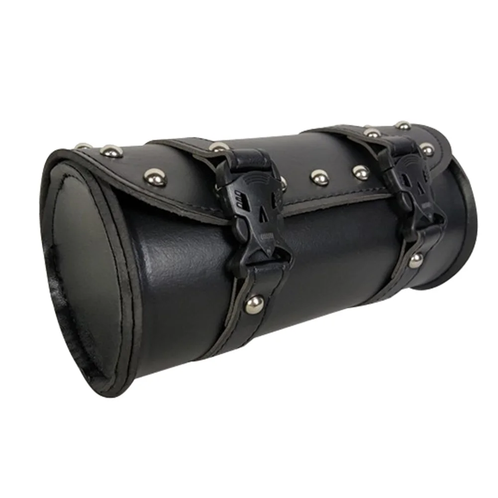 2021 New Motorcycle Fork Bag Leather Cruiser Tool Roll Barrel Bag Fork Barrel Shape Handlebar Black Saddlebags Storage
