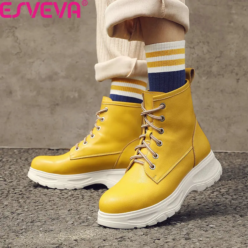 

ESVEVA 2020 Wedge Middle Heel Round Toe Platform Women Shoes Autumn Winter Cow Leather Casual Lace Up Ankle Boots Big Size 34-42