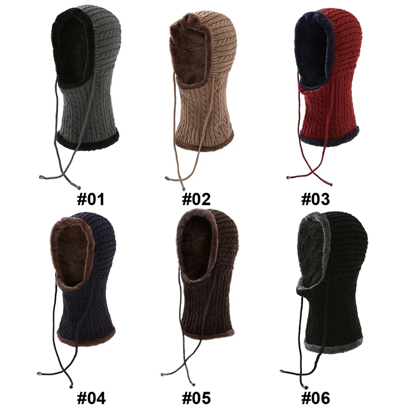 Knitted Balaclava Autumn Winter Fleece Lined Skull Cap Drawstring Fluffy Face Mouth Mask Scarf Hat For Women Men