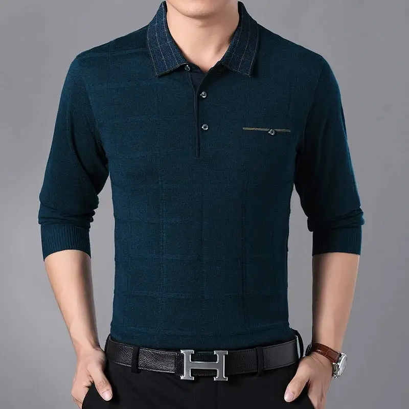 Брендовая Повседневная рубашка поло с длинным рукавом и пуговицами для фитнеса, мужская рубашка из Джерси, однотонная мужская рубашка поло, модная одежда 81053 - Цвет: Ha Blue