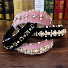 Novel Baroque Big Wide Velvet Hair Band Crystal And Pearl Wedding Headband Rhinestone Hairband Fashion Women Hair Accessories