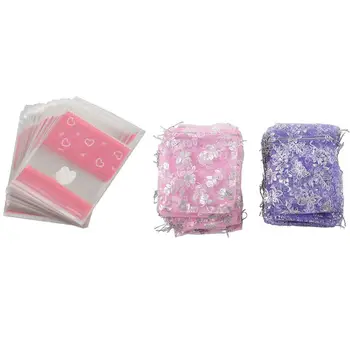 

100Pcs Mixed Organza Pouch & 100 Pcs Lovely Cute Bowknot Opp Baking Packaging Bag Heart + Lace Design 10 x 10Cm