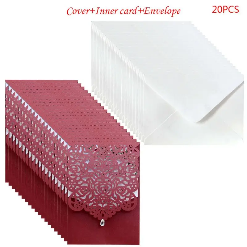 20pcs Retro Greeting Card 4 Colors Optional Laser Cut Rose Invitations Card with Rhinestone Kits Wedding Party