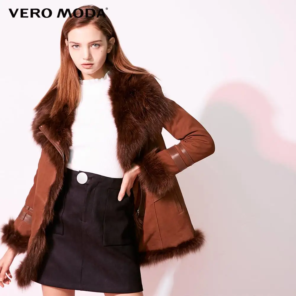 Vero Moda Новая женская кожаная куртка из овчины с воротником из лисьего меха на молнии | 318428525 - Цвет: Whisky lea