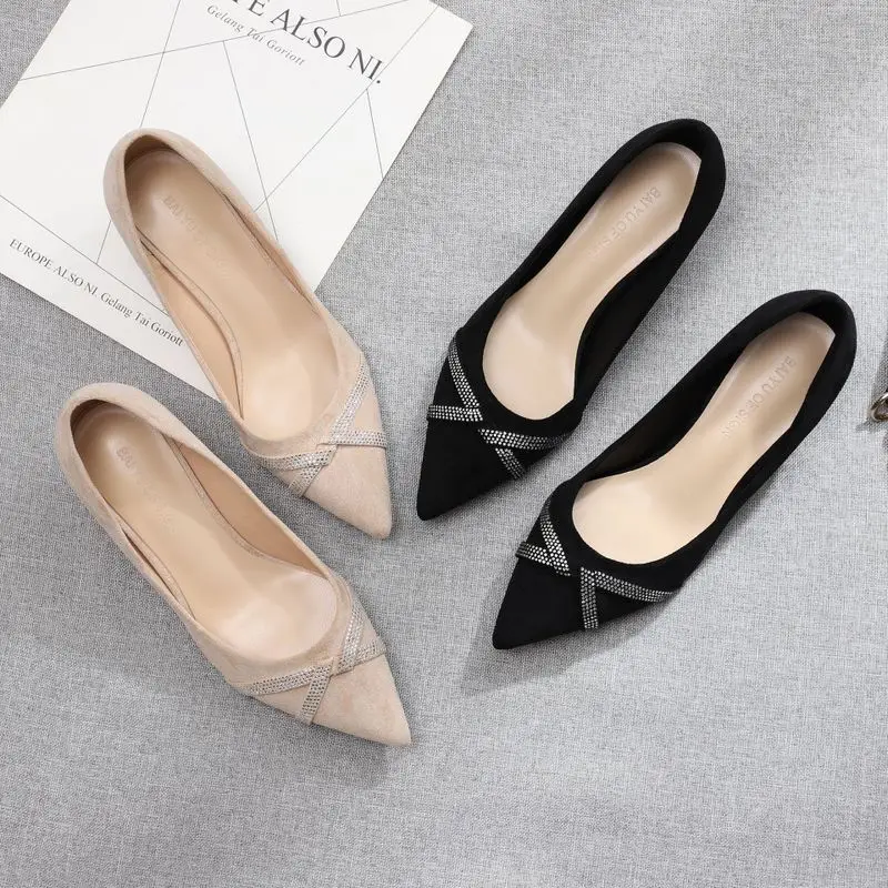 Thin High Heels Pumps Women Shoes women pumps Flock Slip On 3.5CM Pointed Toe Shallow Rhinestones zapatos de mujer heels black