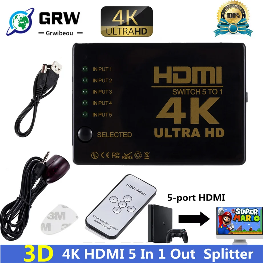 4K 2K 5X1 Hdmi Cable Splitter Hd 1080P Video Switcher Adapter 5 Input 1 Porta Di Uscita Hub Hdmi Per Xbox Ps4 Dvd Hdtv Pc Laptop Tv