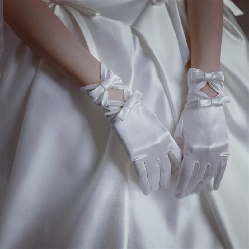 Новые белые короткие женские свадебные перчатки для девочек вечерние перчатки с бантиком - Цвет: Белый