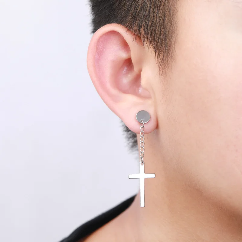 Dangle earrings 1 Pair Stainless Steel Cross Pendant Long Tassel Unisex Hoop Earrings Punk Gothic Jewelry