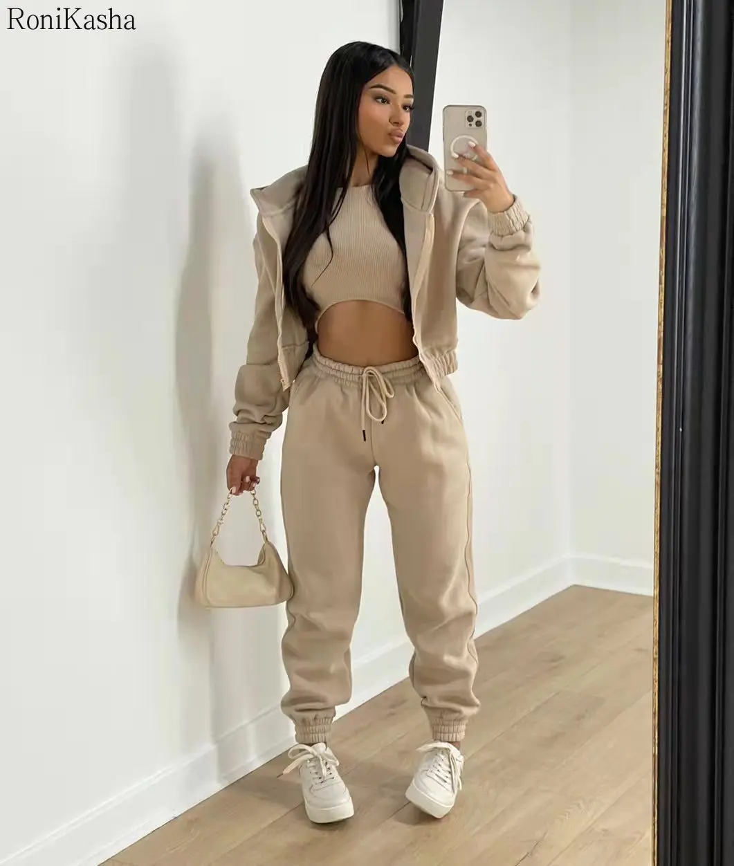 Winter Three Piece Set Womens Outfit Tracksuit Zip Hoodies+ High Waist Jogger Pant Sweatpants Casual Matching Suit