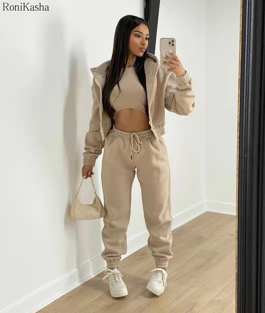 Winter Three Piece Set Womens Outfit Tracksuit Zip Hoodies+ High Waist  Jogger Pant Sweatpants Casual Matching