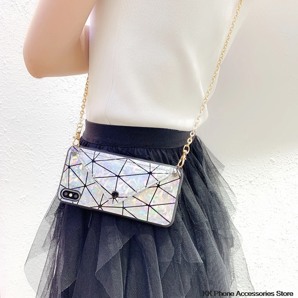 Silver Long Chain Блестящая сумка на плечо чехол для телефона iPhone XS Max XR X 10 6 7 8 Crossbbody откидная кожаная задняя крышка для iPhone 6 6s 7 8 Plus чехол - Цвет: Silver Long Chain