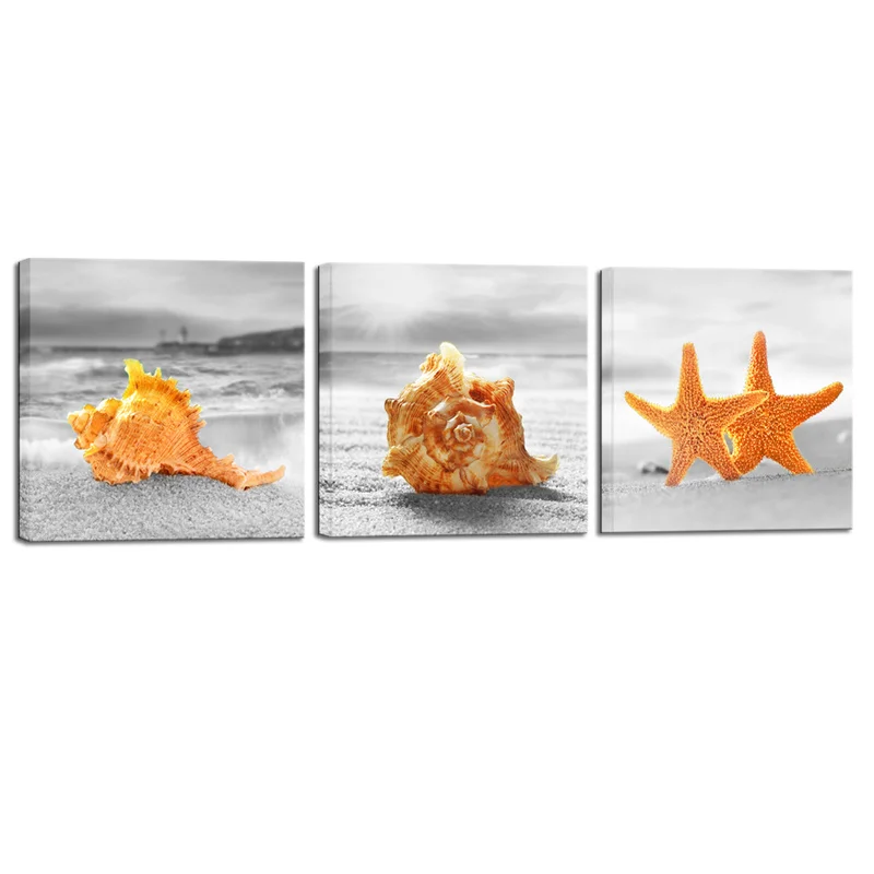 

3 Pieces Wall Art Canvas Painting Yellow Shellfish and Starfish Print Home Decor Poster Modern Style Living Room Decoration