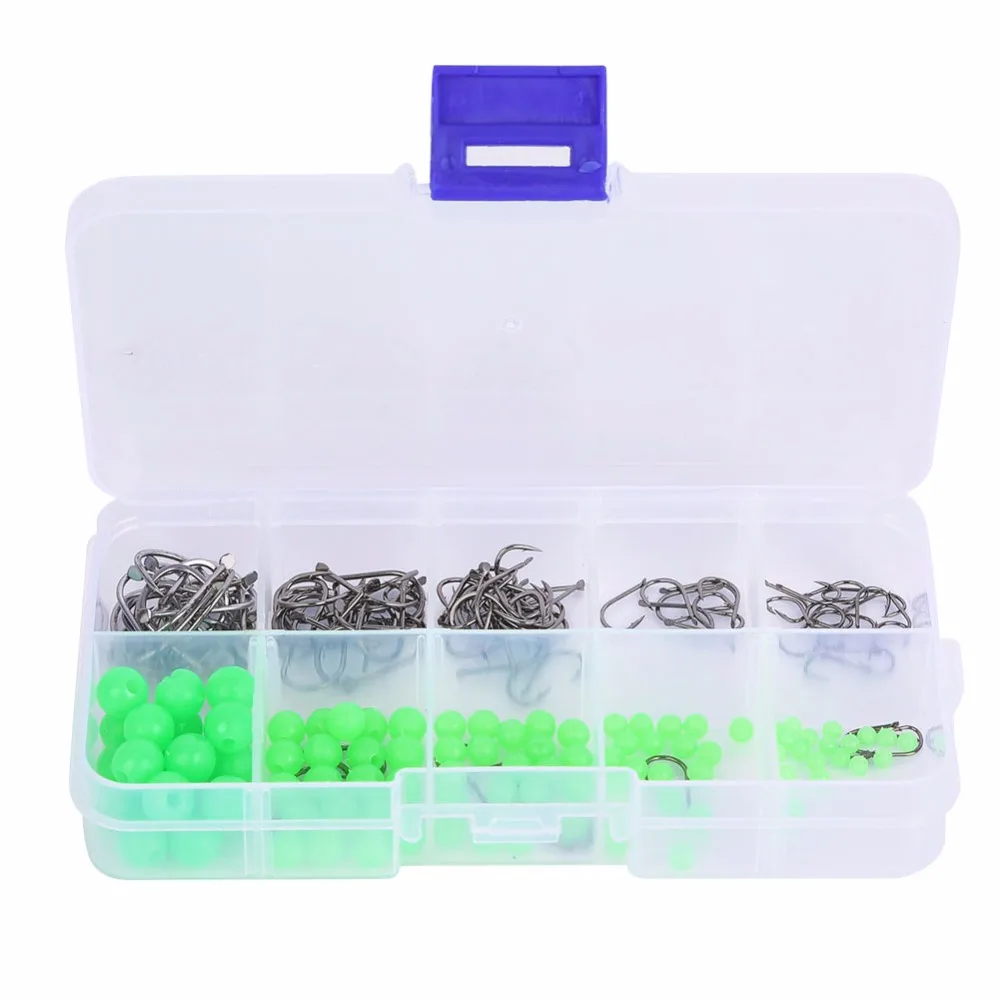 190 pcs Non-Slip Luminous Beads+ Fishing Hooks with Plastic Storage Box for Saltwater Freshwat