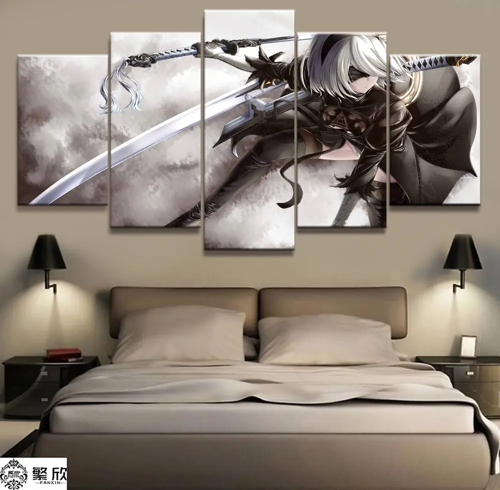 5 панелей NieR Automata 2B Game напечатанная Картина на холсте для гостиной настенное