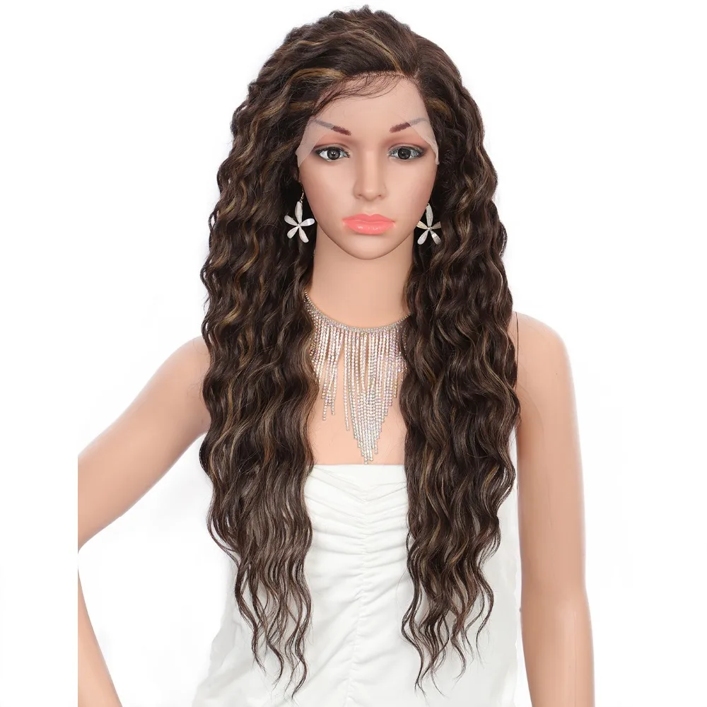 Resistente ao Calor Perucas da Parte Dianteira do Laço com Cabelo do Bebê Partido para Mulher Brinbea Japão-feito Sintético Marrom Encaracolado 4 Lado Profundo 28 7 com cabelo de bebê 4