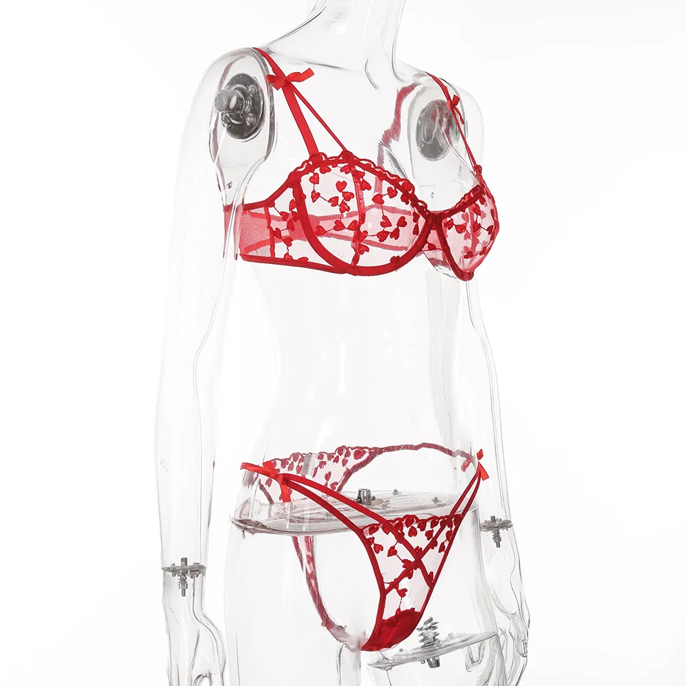 2 pcs heart embrodiery lace bra set women transparent bra + panty lingerie set 2022 ladies sexy underwear bra and knicker sets