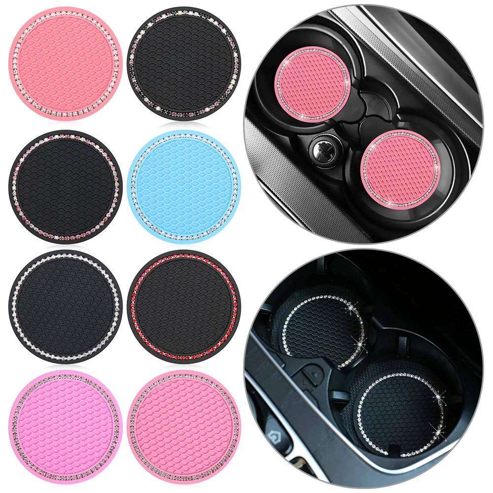 Bling Glitter Acrylic Diamond Car Coaster PVC Travel Auto Cup Mats Insert Coaster Anti Slip Crystal Car Interior Accessories