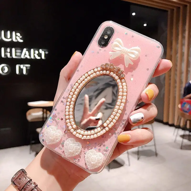 

case for iPhone 11 XR 7 8 11 Pro Max X XS Max Plus 6 6s cover Make up pearl Mirror cute white bowknot and love heart sequin case