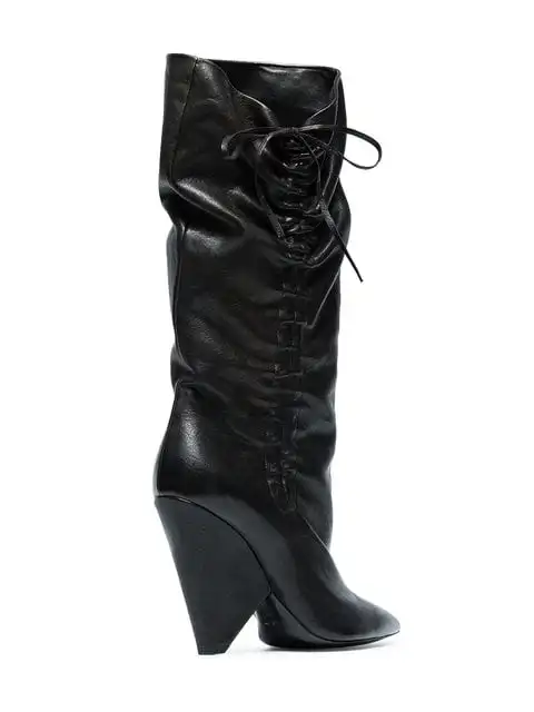 US4-11 женские ботинки до середины икры с острым носком черные туфли-Челси из натуральной кожи на высоком каблуке-шпильке со шнуровкой; большие размеры A1449