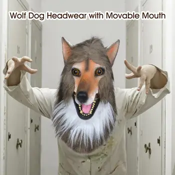

2020 New Moving Mouth Wolf Dog Latex Mask Headwear Masquerade Wolfdog Headgear Latex Costume Prop Cosplay Role Play