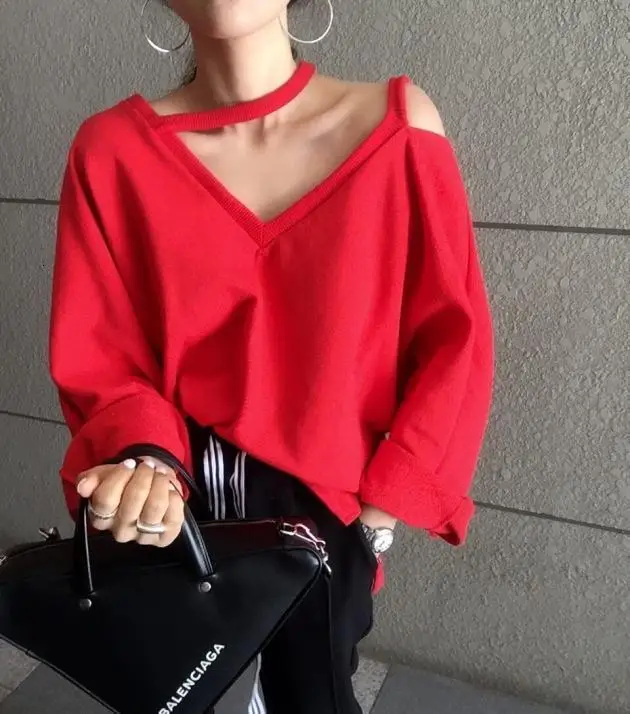 red sweatshirt SHENGPALAE Женская толстовка с открытыми плечами Свободный пуловер в полоску с длинным рукавом и v-образным вырезом повседневная одежда Весна FI671 - Цвет: red sweatshirt