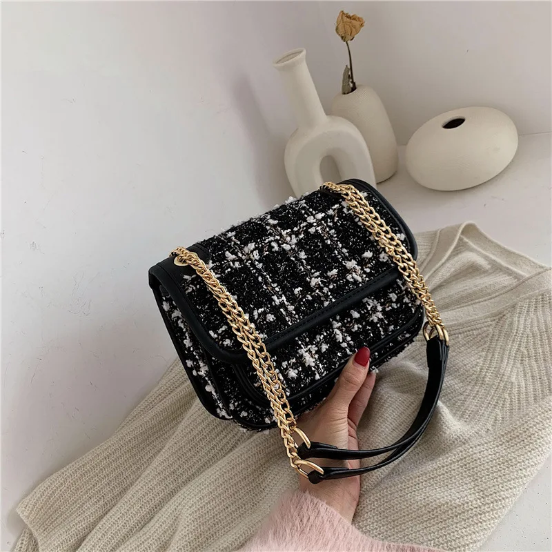 

2019 Winter New Style WOMEN'S Bag Sweet Ladies' Chain Square Sling Bag Woolen Plaid Multilayer Oblique