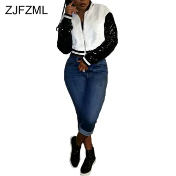 

Sequin Patchwork Sexy Cropped Jackets Women Long Sleeve Zipper Front Slim Coat Streetwear Plus Size Stand Collars Bomber Jacket