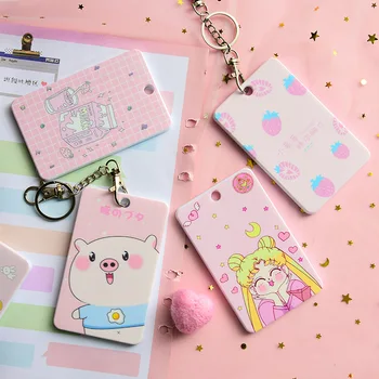 

Cute Girl ID Card Holder Cartoon Student Bus Card Holder Cover Pink Pig Campus Card Guard Card Case Pink Bell Pendant