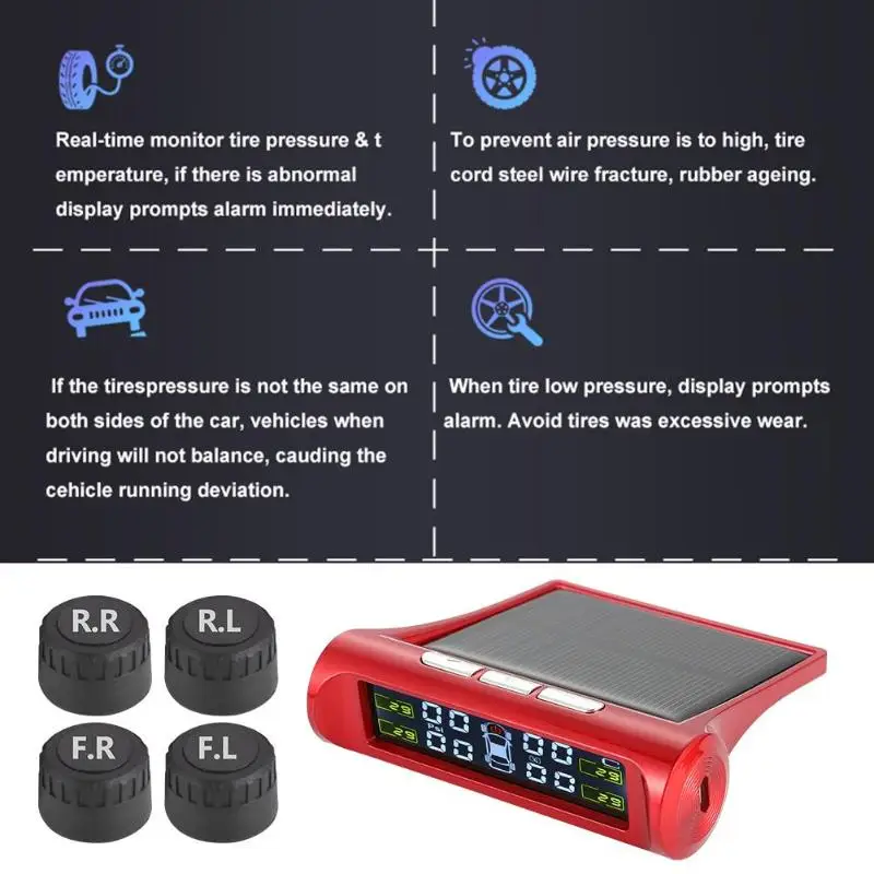 Беспроводная Солнечная lcd Автомобильная система контроля давления в шинах с 4 внутренними/внешними датчиками давления в шинах красного цвета