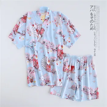 

Japanese Style Print 2PCS Sleepwear Women Robe&Pants Cotton Kimono Short Sleeve Shirt&Shorts Pajamas Summer Home Clothes