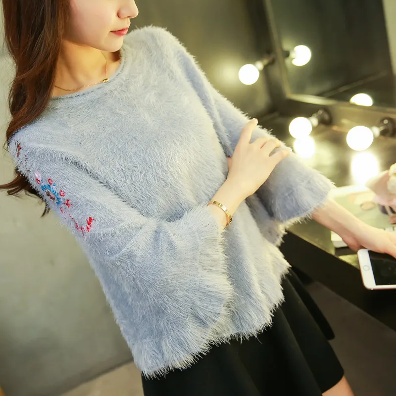 Осень мохер вышивка шерпа белый свитер женский пуловер корейский вязаный элегантный зимний женский топ - Цвет: Серый