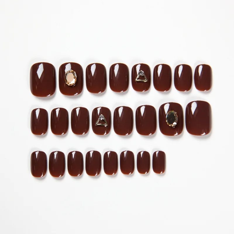 Unhas de Duração Estilo Japonês Unhas Remendo Marrom Vermelho Diamante Decorado Feminino Destacável Curto Falso Wearable 9 Cheap Unhas postiças