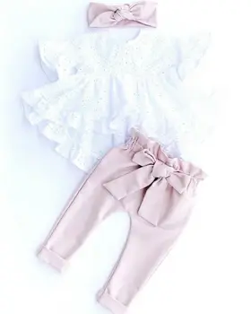 

3 Pcs Toddler Newborn Kids Baby Girls Clothes Sweet Lace Pink Top T-Shirt Dress Pants Leggings Outfit Set Costume 2019