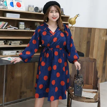 

Women's Spring Polka Dot Lace Up Retro Dress Plus Size Knee Casual Dress 100 kg Can Wear