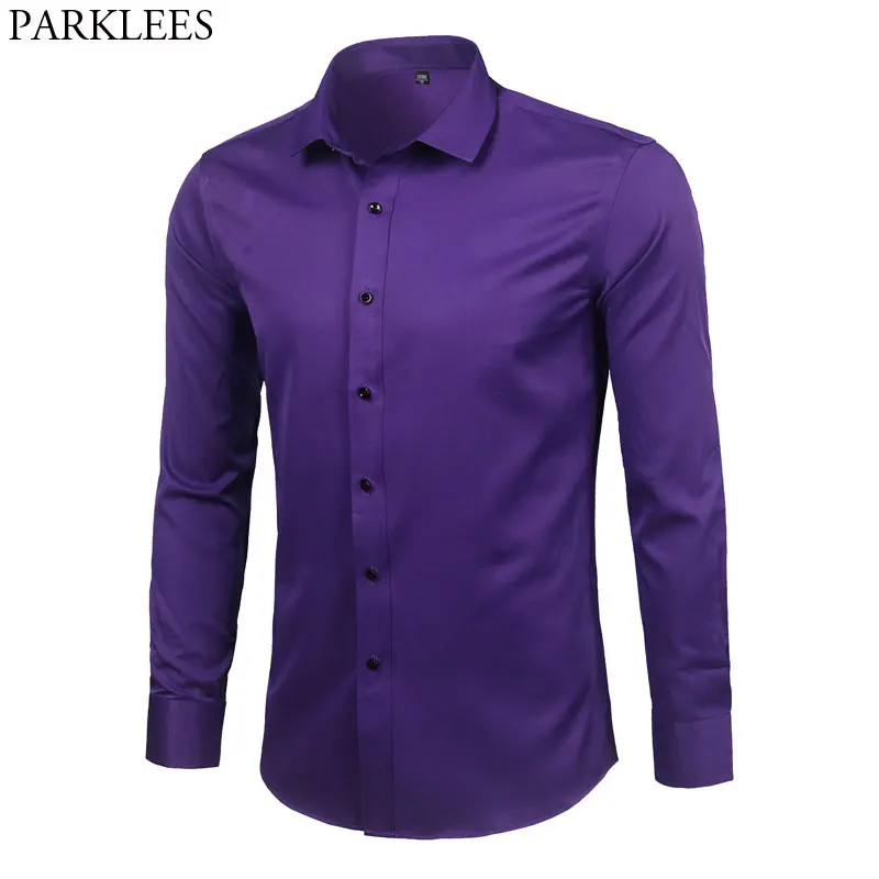 Camisa de vestir de fibra de bambú para hombre, ropa de manga larga ajustada, color púrpura, de mantenimiento fácil, Formal, 2018