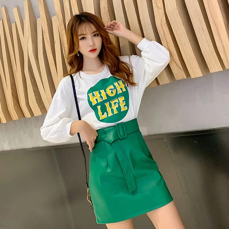 

2019 Autumn Fashion Two Pieces Dress Outfit Women's Printed Long-sleeved T-shirt + High-waisted PU Leather Short Skirt Two Piece