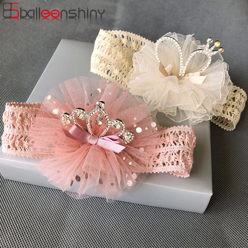 Balleenshiny Infant Child Hair Band Three-dimensional Alloy Rhinestone Crown Headdress Baby Girl Mesh Elastic Headband Turban