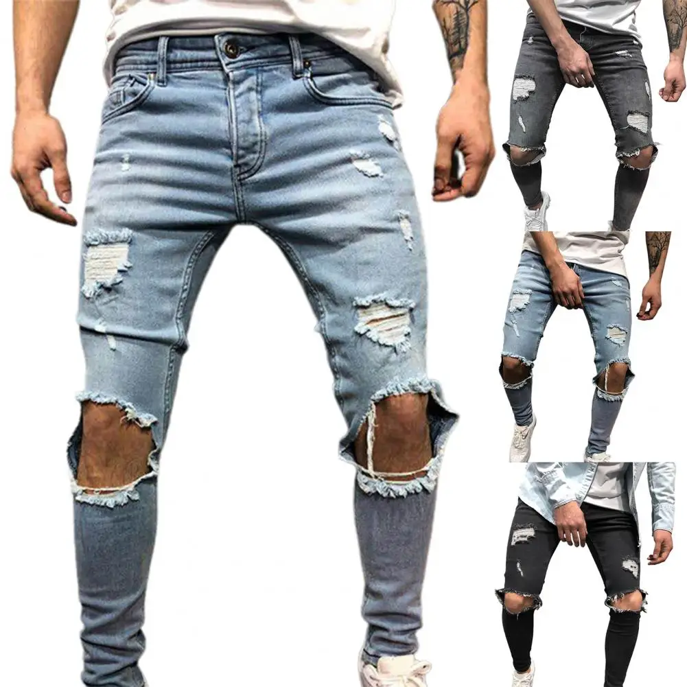 Men Jeans Ragged Trousers Button 