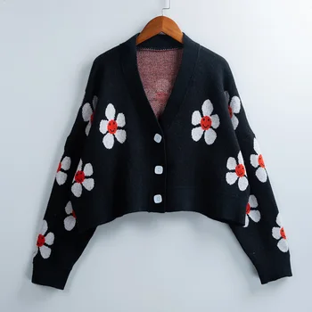

Autumn Winter Women Flower Knit Sweater Short Cardigan V Neck Button Long Sleeve Tops Loose Casual Coat