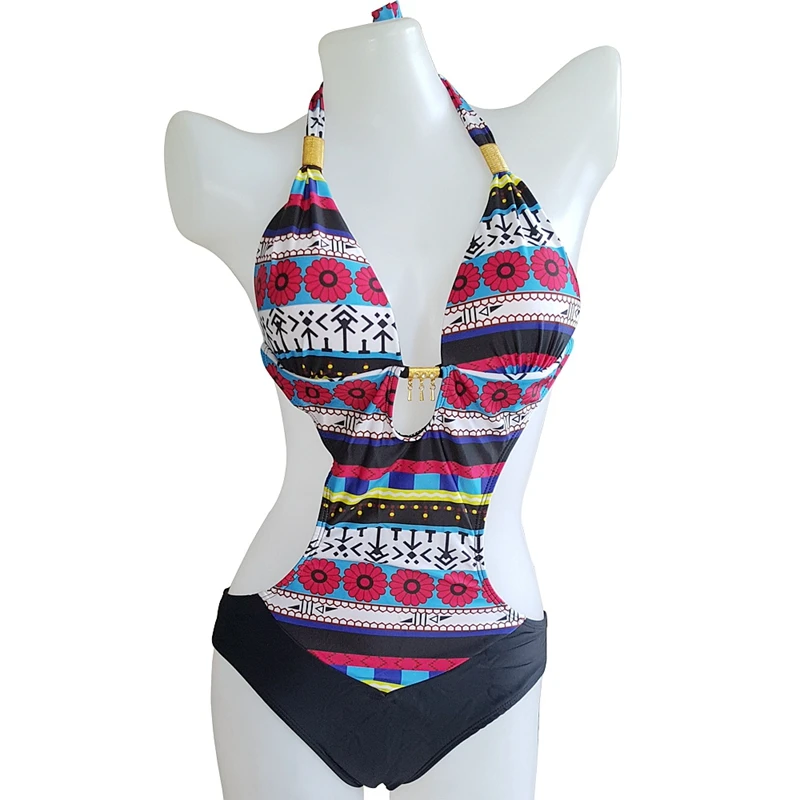 

Popular Europe Print One Piece Swimsuit Push Up Bikini Bathing Suits Adjustable High Waist Neck Halter Spa Swimwear 06#