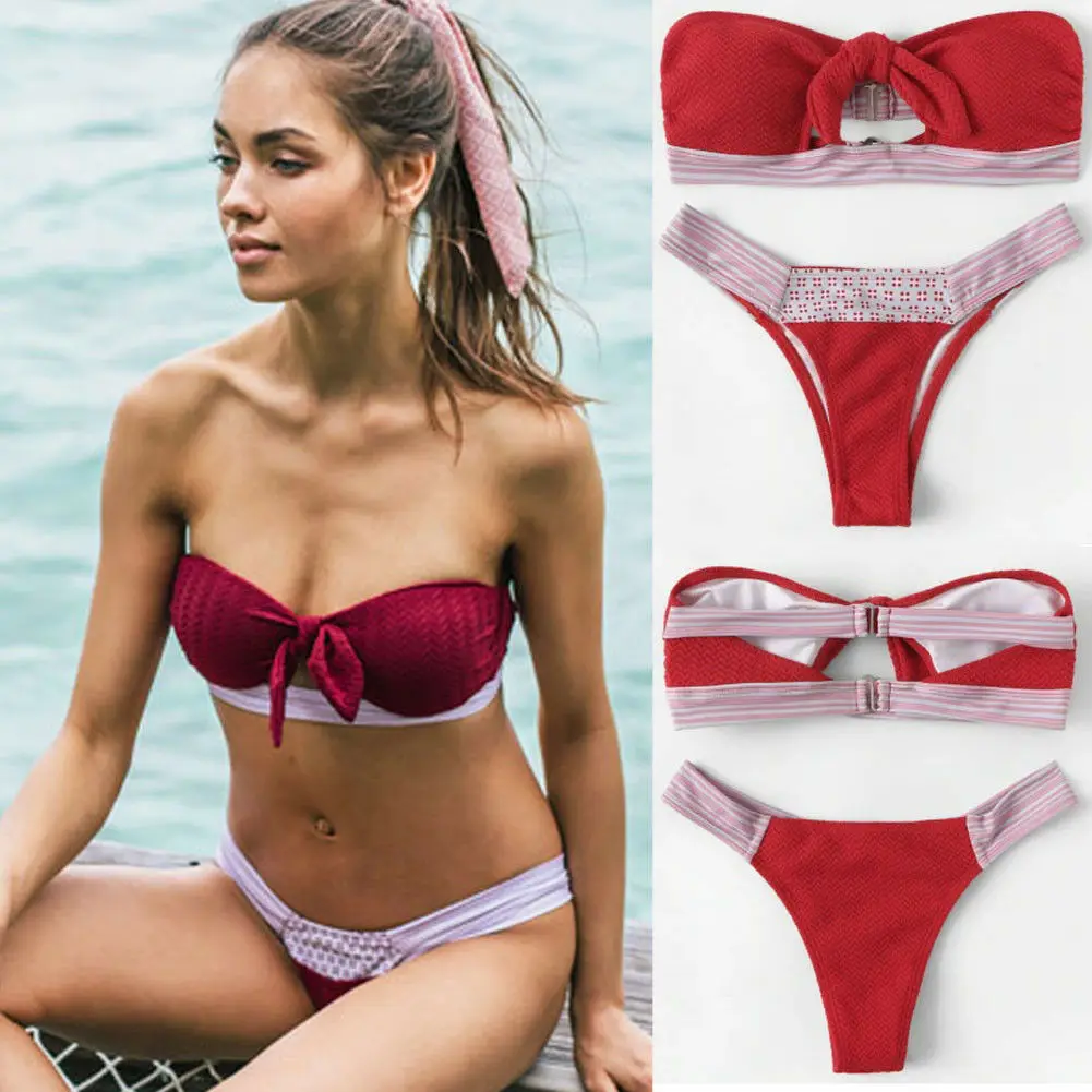 Front Bow Knot Tie Swimwear Women Bikini Set Padded Bra Tops Bandeau Swimsuit Bathing Suit Swimming Bather Biquini | Женская одежда
