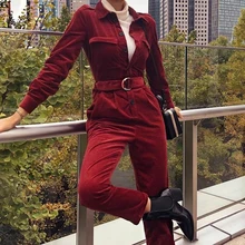 Осенние женские комбинезоны в винтажном ретро стиле с длинным рукавом тонкие повседневные модные длинные облегающие комбинезоны с поясом
