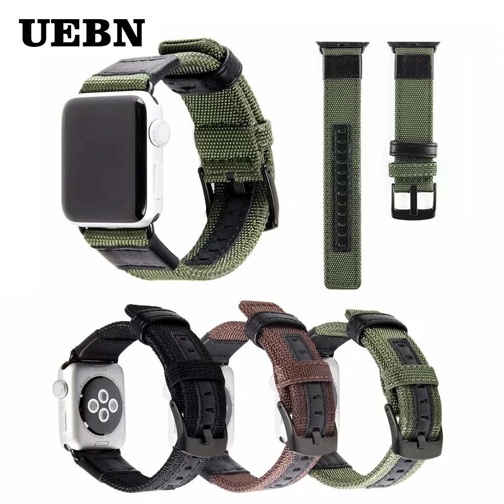 Холщовый нейлоновый ремешок UEBN для apple watch series 4 3 2 1 iWatch с кожаным сменным