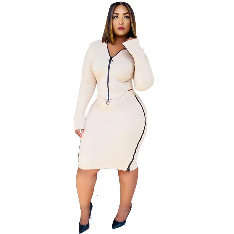 

Adogirl Plus Size 4XL Women Two Pieces Skirt Set Sexy V Neck Zipper Full Sleeve Tops Knee Length Side Split Skirt Suit Outfits