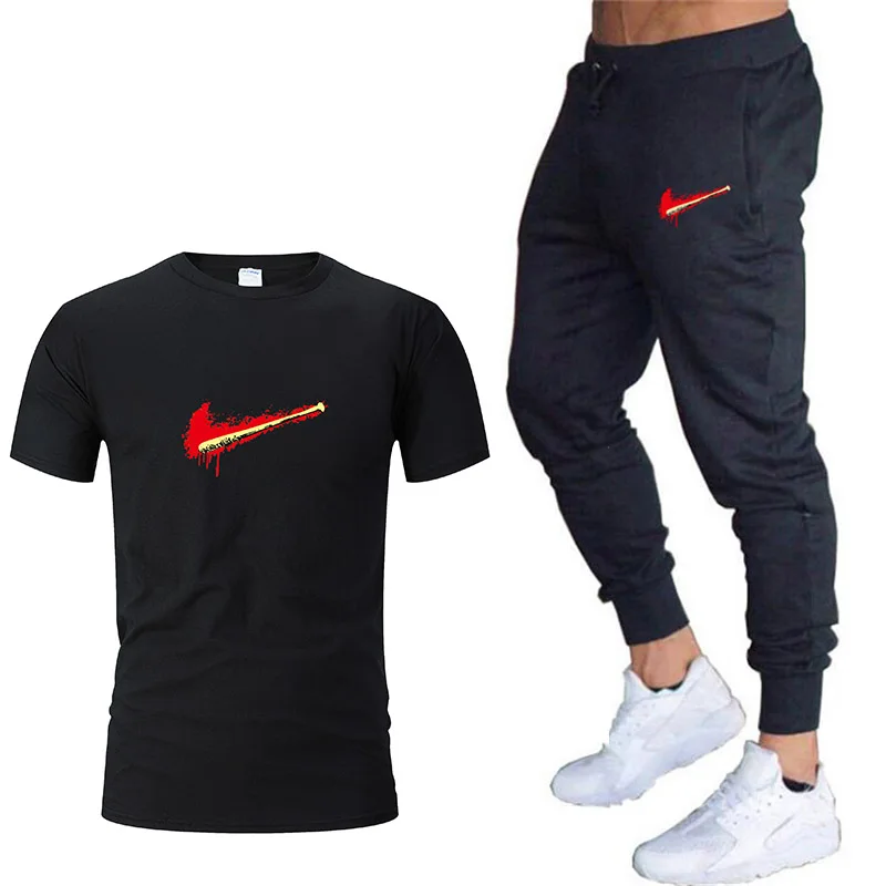 

Sportswear men sets running suit T-shirt + pants two-piece casual sportswear men 2019 casual t-shirt gym fitness trousers male