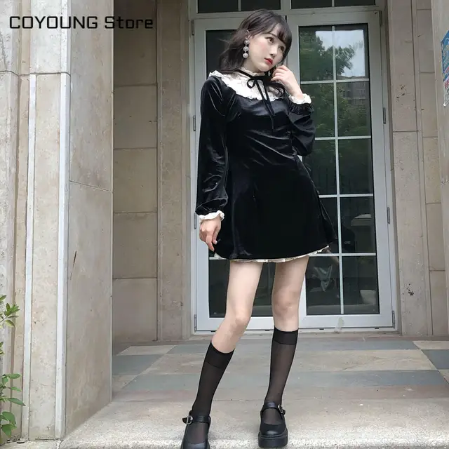 Vintage Gothic Lolita Dress Girls Japanese Lace Patchwork Lace-up Stand Collar Velvet Mini Dress Women Punk Dresses