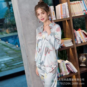 

women's long large size high-end simulation silk Women's sleepwear pijamas nightgowns nightdress Home clothes two-piece suit