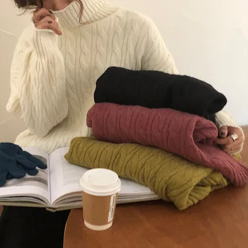

Ailegogo New Spring Women Knitted Sweater Casual Turtleneck Loose Fit Female Pullovers 4 Colors Korean Style Warm Knitwear Tops