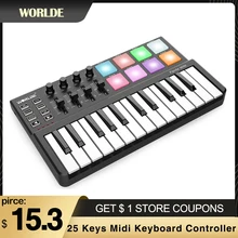 Worlde 25 teclas midi teclado controlador 25-chave usb midi controlador 8 rgb retroiluminado gatilho almofadas 6.35mm pedal jack teclado piano