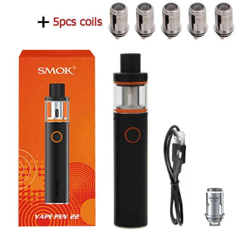 Black and 5 coils Smok Vape Pen 22 комплект со встроенным аккумулятором 1650 мАч Vape Pen 22 резервуар Ом двухъядерный светодиодный электронная сигарета испаритель - Цвет: Black and 5 coils